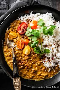 This crockpot lentil curry makes enjoying a flavorful curry dinner so very easy! Throw everything into your pot, set the timer, and return to a satisfying curry dinner! #theendlessmeal #lentils 