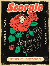 Scorpio vibes vintage illustration. rose and scorpion