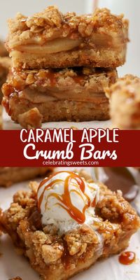 These delicious Apple Crumb Bars feature a shortbread crust, cinnamon apples, and an oat crumble topping. Finish with a generous drizzle of salted caramel sauce and enjoy every bite of this delicious fall dessert.