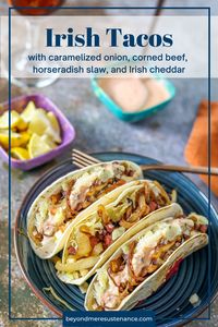 What to do with leftover corned beef on #TacoTuesday? Try these Irish Tacos with Corned Beef and Horseradish Slaw! Succulent leftover corned beef gets diced up and topped with a simple horseradish slaw. Fill a warm flower tortilla, and garnish with extra sharp Irish cheddar... It's not Mexican, but isn't anything in a tortilla worth a try? This unique taco is muy delicioso! #BeyondMereSustenance #IrishTacos #CornedBeefTacos #UniqueTacos