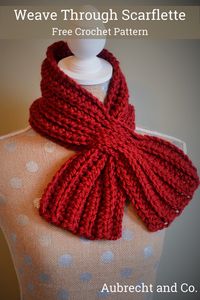 This unique scarflette weaves into itself to hold in place.  It crochets up quickly with the use of bulky yarn.