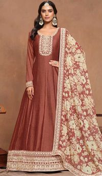 Brown Art Silk Embroidered Anarkali Style Designer Salwar Suit - 145979706