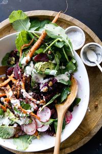 Root vegetable & quinoa salad with tahini-maple vinaigrette | camille styles.