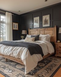 Create a bright and cozy bedroom with dark walls and light bedding. The combination of dark and light tones adds a touch of elegance and warmth. Get inspired with more bedroom refresh ideas from CasaCampera.