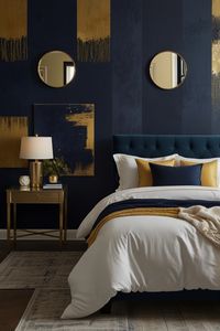 Revamp your bedroom with gorgeous navy blue and gold curtains. The combination of deep blue and vibrant gold brings a sophisticated and elegant touch, enhancing the overall ambiance of your space. #GorgeousCurtains #NavyAndGold #BedroomStyle #ElegantDecor