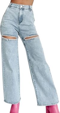 We did the digging and discovered where you can snag a pair of your own crystal denim jeans just like Beyoncé’s — which would also pair nicely with a disco cowboy hat, if you still need an outfit for the tour. These light wash jeans feature multiple cutouts around the legs that are topped off with rhinestones.