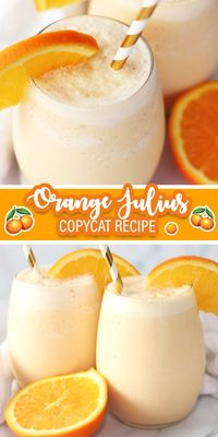 This is a copycat Orange Julius recipe made with orange juice, vanilla ice cream, ice cubes, and vanilla. It’s blended smooth for a delicious treat!