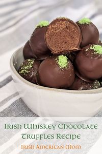 Irish whiskey chocolate truffles recipe showing the inside of a truffle in a bowl Pinterest Size | Irish American Mom