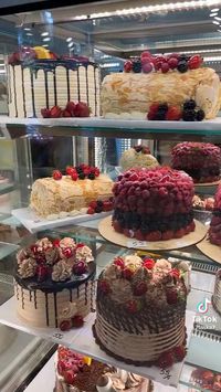 This bakery has many cakes of choice in the refrigerator. #cakes #bakery #refrigerator