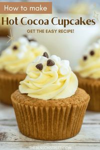 How to make delicious hot cocoa cupcakes with marshmallow cream frosting for a decadent winter treat that turns out so cute.