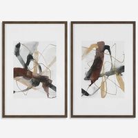 This abstract artwork displays a harmonious blend of neutral brushstrokes in gray, black, and warm chestnut tones. Each print is accented by a white mat under glass with a dark walnut finished frame. May be hung horizontal or vertical. Artwork by Jennifer Goldberger.

Dimensions:
27 W X 40 H X 2 D (in)