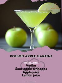 🍏🍸 Poison Apple Martini—Unleash the dark side with this Poison Apple Martini. A wickedly delicious Halloween drink! 🍎🔮 #PoisonAppleMartini #HalloweenCocktails Poison Apple Martini Ingredients: Vodka (1 1/2 oz) Sour apple schnapps (1 oz) Apple juice (1 oz) Lemon juice (1/2 oz) Ice (as needed) Apple slice (for garnish) Instructions: Shake vodka, sour apple schnapps, apple juice, and lemon juice with ice. Strain into a martini glass. Garnish with an apple slice. 🔮🍸 Sip on this eerie Poison A...