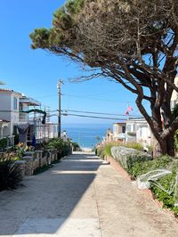 California beach town sidewalk with houses leading to the water