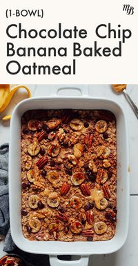 Our Chocolate Chip Banana Baked Oatmeal is a delicious breakfast or brunch that's HEARTY, chocolaty, & SO easy! Just 1 BOWL required for the vegan & gluten-free treat!