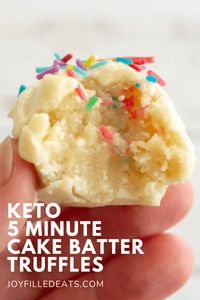 You can make a small batch of these Cake Batter Truffles in just 5 minutes! They taste like a bite of sprinkle laden birthday cake. You can make a small batch of keto truffles in 5 minutes! These keto truffles are vibrant, easy to make, and absolutely delicious. Keto Cake Batter Truffles are the next big thing when it comes to desserts! They are great for on-the-go & can be a keto fat bite. This easy recipe is also low carb, gluten-free, sugar-free, grain-free, and Trim Healthy Mama friendly.