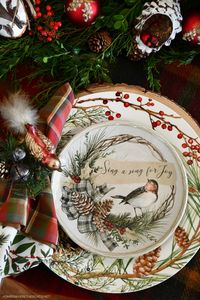 Merry Christmas Nesting Tablescape with bird ornaments and plates | ©homeiswheretheboatis.net #christmas #tablescapes #birds