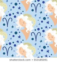 Zodiac signs Aries. Vector illustration of cute girl. Pattern with girl face, sign and star