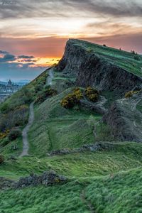 The Crags during sunset in Holyrood Park, Edinburgh, Scotland.