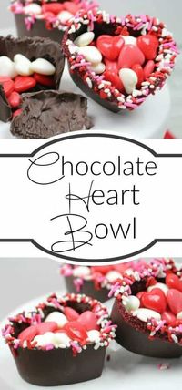 Looking for the perfect Valentine’s Day Treat – Valentine’s Day Chocolate Heart Bowls! DIY Easy chocolate bowls filled with red, pink and white heart candy!  #valentinesday #diyvalentine #diyvalentinesdaytreatsgifts #heart #heartfood #heartcandy #heartchocolate #chocolateheart