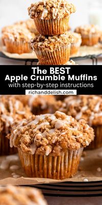 These apple crumble muffins are made with moist cinnamon muffin batter, filled with chopped apples, topped with a buttery crumble, and topped with a delicious glaze.