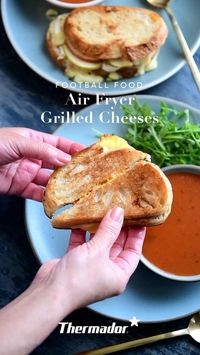 This Air Fryer Grilled Cheese recipe is ready for kick off 🏈 Make these delicious grilled cheese sandwiches for gameday. ​​ The large Thermador oven capacity lets you make a large batch at once – perfect for a crowd. Prep assorted ingredients to elevate this classic fan favorite. Serve with your favorite fall soup.