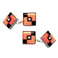 Art Deco Coral Onyx Platinum Cuff Links. A sharp looking pair of double side 1920s engraved platinum Art Deco style cuff links, set with segments of carved onyx and light orange coral (slightly lighter than image), and a center diamond, c 1920s