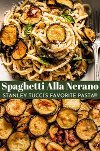 This Spaghetti alla Nerano recipe is a rich and creamy pasta made with fried zucchini and parmesan cheese. It’s a restaurant-worthy dish with gourmet flavors, but comes together in minutes! // ricetta // Stanley Tucci