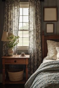 Create a warm bedroom with this vintage farmhouse design. Incorporate cozy linens, rustic furniture, and accents for a tranquil space.