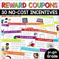 No-Cost Reward Coupons for Students: No-Cost Student Rewards: These incentive coupons for academic and behavior reinforcement are perfect for teachers who want to give no-cost rewards for student achievement (or behavior). There are 30 reward certificates in the product. Each reward coupon comes in full color and black-and-white (full-size and smaller card-sized versions). You will also find a teacher tips page and a table of contents. These rewards certificates are designed to motivate students