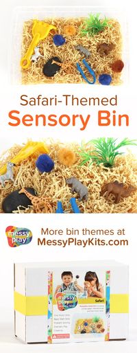 Safari Sensory Bin includes crinkle cut paper, themed toys, and fine motor tools. The wild animals lead to dramatic play and sensory play for kids! Learning Toys / Activity Kit for Kids / Sensory Bin Ideas / Messy Play Kits #messyplaykits #sensorybin