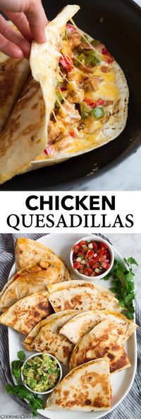 Loaded Chicken Quesadillas - The ultimate Quesadillas recipe! These are brimming with two kinds of gooey melted cheese and a flavorful, fajita style chicken and sautéed pepper filling. Talk about delicious Mexican comfort food everyone will go crazy for! #quesadillas #mexican #food