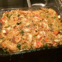 Savannah Seafood Stuffing Recipe Side Dishes with margarine, chopped green bell pepper, chopped onion, chopped celery, crabmeat, medium shrimp, dry bread crumbs, cornbread stuffing mix, white sugar, condensed cream of mushroom soup, chicken broth