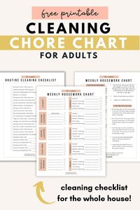 These free printable chore charts make it easy for adults or homemakers to keep track of the house cleaning.rnKeeping up on your housework is so much easier when you have a good plan! I made this free printable chore chart to go along with my chore system that is being used by adults all over the world. Swapping out your long to-do list with this simple chart and new routine will be a total game changer in your family's life!