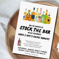 STOCK THE BAR Invitation | Couples Shower Invitation 🍹 Welcome to our Stock the Bar Invitation template! This customizable digital download is perfect for hosting a lively and spirited celebration to stock up the bar for any occasion. ➡️ What's Included: - High-resolution digital invitation template in editable PDF format - Fully customizable text fields to personalize with your event details - Instant download for quick access and convenience - Print-ready design for easy at-home printing or p