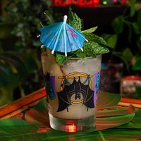 Say “Aloha'' to this dark take on Tiki! This Creepy Cove Mai Tai Cocktail glass (also known as a Double Old-Fashioned glass) features a rather lively parrot skeleton, a terrified toucan, and a bat who thinks they’re one of the birds! Inspired by Tiki culture and mid-century modern aesthetics, with a dark twist! Perfect for Mahaloween, Hulaween and other dark tropical parties, or making your favorite cocktail at home! Product Features: Vibrant screenprinted artwork 15oz Libbey cocktail glass Top-rack dishwasher safe, but hand washing is recommended for longevity!