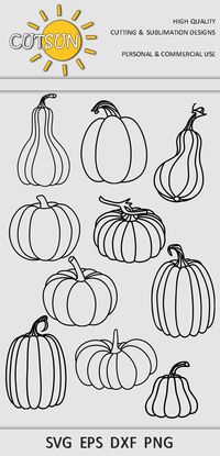 "Pumpkin SVG | Hand drawn Pumpkins Bundle of 10 SVG vector cutting files - designed to be used with craft-cutting machines OR to be printed onto transfer paper for making personalized shirts, mugs, bags and so on. Click here and get yours in minutes! DIGITAL DOWNLOAD for use with craft-cutting machines like Silhouette, Cricut or other cutting machines. It might also be printed onto transfer paper for making personalized items - t-shirts, bags, mugs, pillows and so much more! YOU WILL NOT RECEIVE