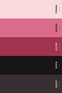 8. Pink And Black Color Palette Color Palette with Raisin Black (Hex #382E31) + Licorice (Hex #191516) + Amaranth Purple (Hex #AC274F) + Blush (Hex #EB638B) + Misty Rose (Hex #FFD9DA) Color Palette with Hex Codes