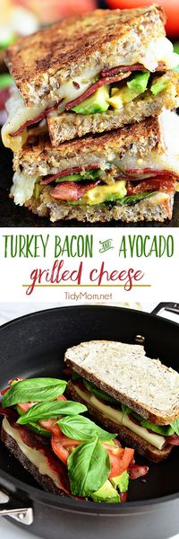 Turkey Bacon and Avocado Grilled Cheese sandwich loaded with fresh basil, tomatoes and mozzarella cheese on a hearty artisan bread.  Recipe at TidyMom.net