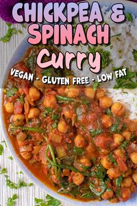 This delicious one pot 10 Minute Chickpea and Spinach Curry is an easy vegan curry that you need in your life. It's low in calories and fat (just 123 calories for a big serving) and you just tip everything in to the pan and it’s ready less than 10 minutes later. Bursting with iron rich spinach and protein packed chickpeas, this healthy chickpea curry recipe freezes well and it's absolutely delicious and easy to adapt depending on how spicy you like it. Curry at its best!