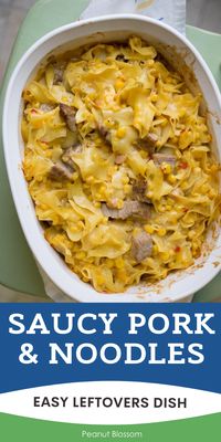 Creamy saucy pork and noodle bake is the perfect leftover pork recipe. A huge hit with picky eaters, it is very kid friendly. You can split this freezer friendly casserole into 2 and have one dinner now and another later. Great make ahead dinner idea.