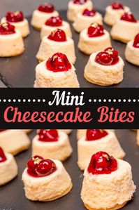 These mini cheesecake bites are rich and creamy. Made with a vanilla wafer crust, cream cheese, and your favorite topping!