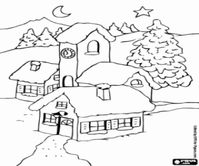 Landscape of a village at Christmas coloring page