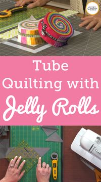 To use the method of tube quilting to make half square triangles, you must first start with two strips of fabric. You can either cut a strip of fabric your desired width or you can use a pre-cut strip of fabric. Ashley uses a pre-cut strip of fabric known as a jelly roll for this tube quilting demonstration. Making half square triangles with jelly rolls or other pre-cut fabrics, whether using this method or not, is a great way to save time when cutting out and piecing a quilt top.