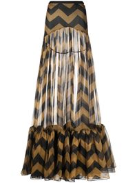 ochre brown/black chevron print semi-sheer panels high waist rear button fastening layered design long length This item is made from at least 50% organic materials. Learn more about what makes a product Conscious on our Conscious Criteria page