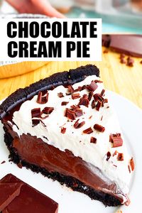 This is the best quick and easy no bake chocolate cream pie. This recipe requires simple ingredients. A no bake Oreo cookie crust is filled with silky smooth and creamy chocolate pudding. Decorated with whipped cream and chocolate shavings.