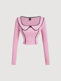 Women Cute Pink Fitted Long Sleeve T-Shirt,Fall Women Clothes,Long Sleeves Woman,Fall Women Tops Pink Casual  Long Sleeve Knitted Fabric Colorblock,Plain,Striped  Slight Stretch  Women Clothing, size features are:Bust: ,Length: ,Sleeve Length: