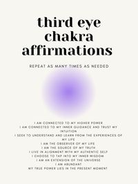 This download can be saved on your phone or computer, used for vision boards, printed and put up anywhere around your home, in a notebook, binder, etc. Repeating these affirmations will help you connect with, ground, and balance your third eye chakra. This is the seat of all that you are, all that you're becoming, your uniqueness and individuality.