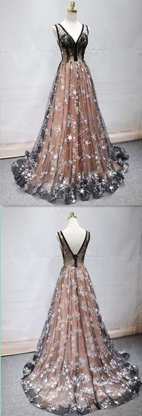 Unique V Neck Sleeveless Prom Dresses Lace Beaded Evening Dresses #promdress #prom #dress #dresses #promdresses