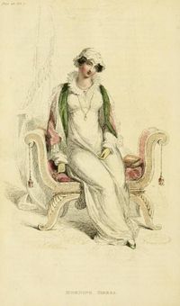 Regency morning dress from Ackermann’s Repository (April, 1812) "Morning or Domestic Costume: A superfine Scotch or French cambric over a cambric slip, with full long sleeve, and ruff a la Mary Queen of Scots. A neck-chain and sight set in gold; bracelets and necklace of white or red cornelian. A Flora cap, composed of white satin and lace. A capuchin or French cloak of blossom satin, or Pomona green, trimmed with thread lace. Slippers of pale pink or green; and gloves of tan or Limerick kid."