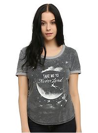 <p>Grey burnout style ringer tee from Disney's <i>Peter Pan</i> with a "Take Me To Neverland" moon design on front.</p>  <ul> 	<li>53% cotton; 47% polyester</li> 	<li>Wash cold; dry low</li> 	<li>Imported</li> 	<li>Listed in junior sizes</li> </ul>